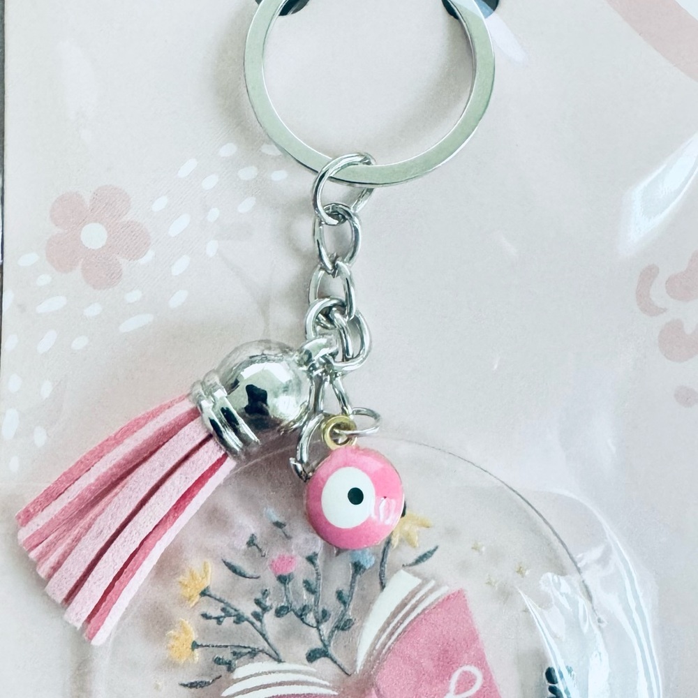 Pink and Silver Keychain with Tassel and Charm